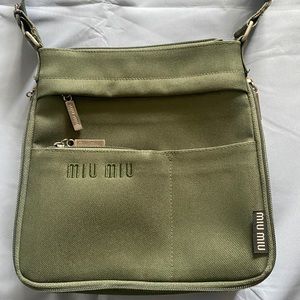 Miu Miu Olive Green Crossbody Shoulder Purse Bag Fabric Material with Zippers